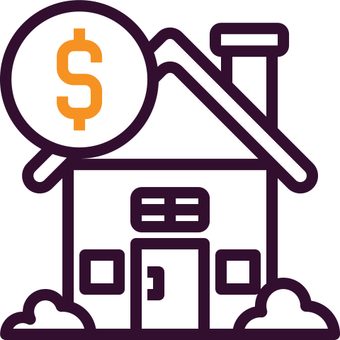 A house with a chimney, garden and dollar sign